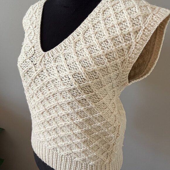 JG Hook Vintage Petite Small Ivory Cable VNeck Beaded Sweater Vest - Picture 4 of 8